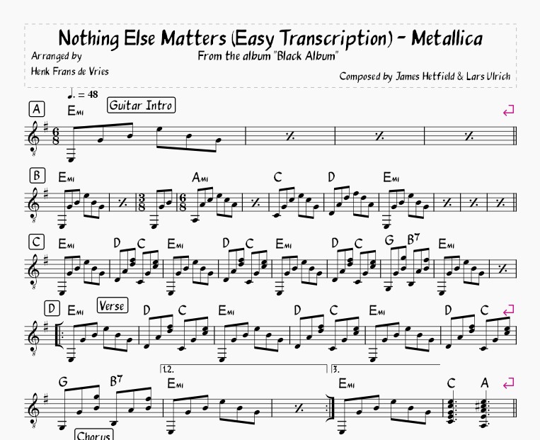 Schermafbeelding Nothing Else Matters Metallica MuseScore